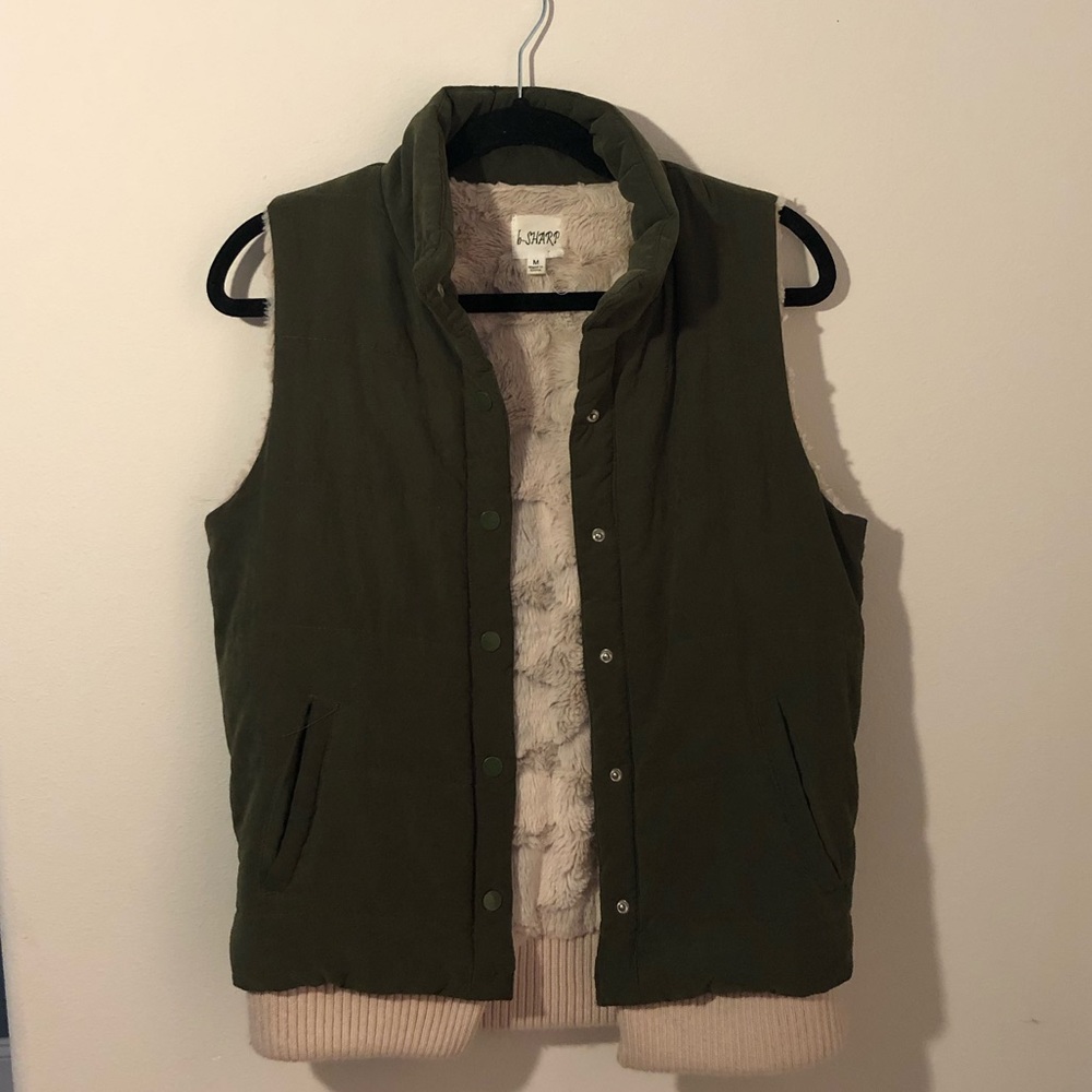 Olive Green Suede Vest with Cream Fur Lining